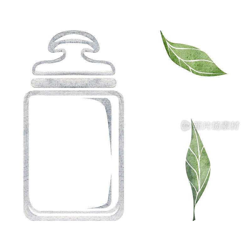 Watercolor hand drawn illustration. Glass transparent tea storage jar and green tea leaves. Isolated object on white background. For invitations, cafe, restaurant food menu, print, website, cards